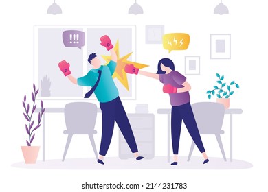Strong girl in boxing gloves hits colleague during argument. Angry woman responded to offender with blow. Businesswoman fights for equal rights and emancipation at work. Flat vector illustration