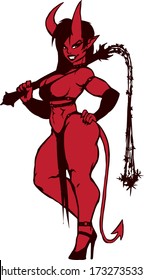 strong girl devil with horns on heels holds a whip