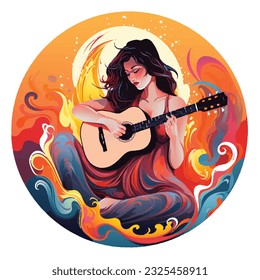 strong girl and guitar, colorful brand logo personality