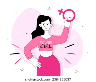Strong girl line concept. Woman with gender symbol. Tolerance and unity. Feminism and respect, sisterhoood. Poster or banner. Linear flat vector illustration isolated on white background