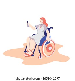 Strong girl in a wheelchair, inclusive girl takes selfies, people with disabilities, paralyzed legs, a beautiful woman who conquered the disease, powerful woman, overcoming difficulties,  vector 