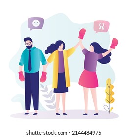 Strong girl won business competition against colleague. Manager announces winner. Businesswoman in boxing gloves wins argument. Powerful woman fighting for equal rights at work. Vector illustration