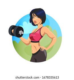 Strong girl working out with dumbbells in Fitness Gym. Athletic girl doing exercise with dumbbell in various pose in gym. Vector character design. Health and Medicine concept Vector Illustration