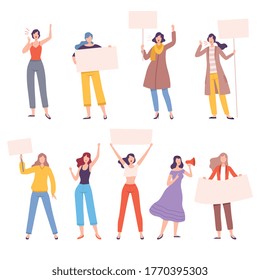 Strong Girls Set, Women Empowerment Movement, Struggle for Freedom, Independence, Equality, Female Power and Rights Concept Flat Style Vector Illustration