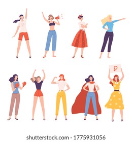 Strong Girls Set, Women Empowerment Movement, Gender Equality, Feminism, Freedom, Protest, Female Power and Rights Concept Flat Style Vector Illustration