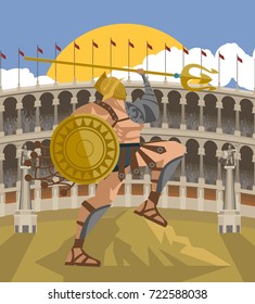 strong gladiator with trident and net on coliseum