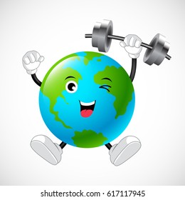 Strong globe mascot weight lifting over. Illustration.