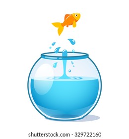 Strong goldfish jumping out of fishbowl water in search of freedom. Flat style vector illustration isolated on white background.