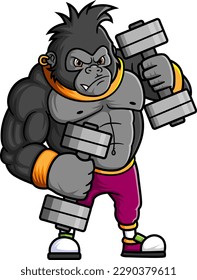 a strong gorilla exercising and lifting two big barbells at the gym of illustration