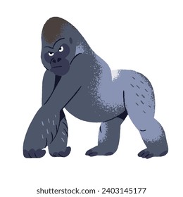 Gorila fuerte con aspecto serio caminando. primate muscular, gran simio, fuerte paseo de monos grandes. Animal africano, habitante de la jungla. Fauna exótica, naturaleza. Ilustración vectorial aislada plana en blanco