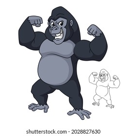 Strong Gorilla Standing Showing Arm Muscles with Line Art Drawing, Mammal Animal, Vector Character Illustration, Cartoon Mascot Logo in Isolated White Background.