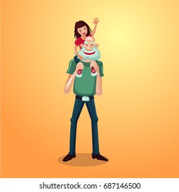 Strong grandfather with granddaughter on shoulders. Active senior cartoon character.
