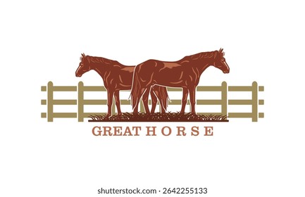 cavalo marrom grande forte de pé no logotipo da fazenda, silhueta do cavalo feliz em ilustrações do vetor do rancho