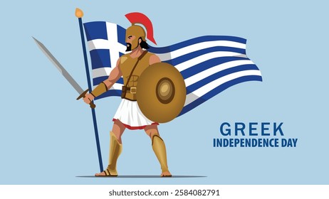 A strong Greek Independence Day banner featuring a warrior holding a spear and shield, proudly standing next to the Greek flag, symbolizing strength, freedom, and Greek heritage.