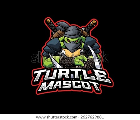 A strong green turtle clad in ninja armor, wielding martial arts weapons and ready for action. Vector mascot illustration