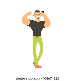 Strong Guy Taking Selfie Childish Style Flat Vector Drawing On White Background