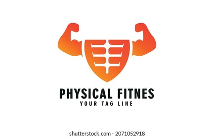 Strong Gym Logo, Shield, Arms And Muscles. Logo Combined With Orange Color Style