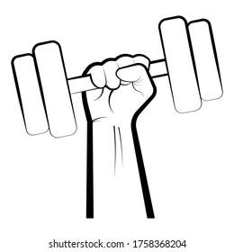 strong hand of an athlete holds a dumbbell. Print for printing on posters and clothes. Logo for the gym. Black-white vector on blank background