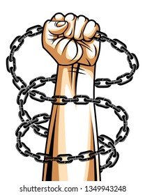 Strong hand clenched fist fighting for freedom against chain slavery theme illustration, vector logo or tattoo, getting free, struggle for liberty.