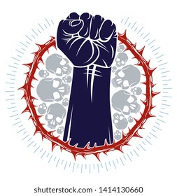 Strong hand clenched fist fighting for freedom against blackthorn thorn slavery theme illustration, vector logo or tattoo, through the thorns to the stars concept.