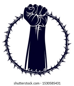 Strong hand clenched fist fighting for freedom against blackthorn thorn slavery theme illustration, vector logo or tattoo, through the thorns to the stars concept.