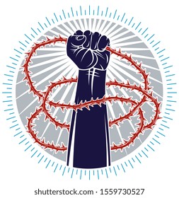 Strong hand clenched fist fighting for freedom against blackthorn thorn slavery theme illustration, vector logo or tattoo, through the thorns to the stars concept.