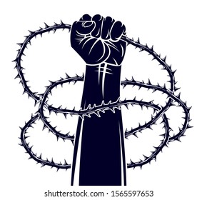 Strong hand clenched fist fighting for freedom against blackthorn thorn slavery theme illustration, vector logo or tattoo, through the thorns to the stars concept.