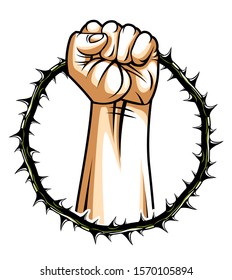 Strong hand clenched fist fighting for freedom against blackthorn thorn slavery theme illustration, vector logo or tattoo, through the thorns to the stars concept.