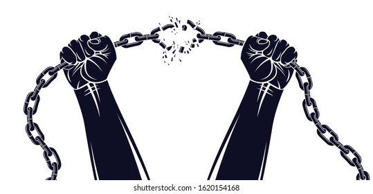 Strong hand clenched fist fighting for freedom against chain slavery theme illustration, vector logo or tattoo, getting free, struggle for liberty.