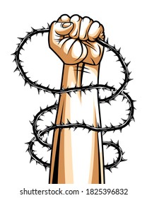 Strong hand clenched fist fighting for freedom against blackthorn thorn slavery theme illustration, vector logo or tattoo, through the thorns to the stars concept.