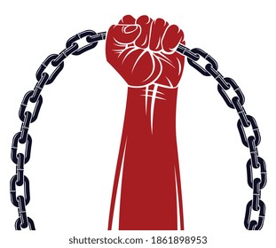 Strong hand clenched fist fighting for freedom against chain slavery theme illustration, vector logo or tattoo, getting free, struggle for liberty.