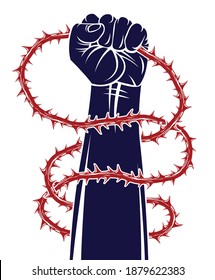 Strong hand clenched fist fighting for freedom against blackthorn thorn slavery theme illustration, vector logo or tattoo, through the thorns to the stars concept.