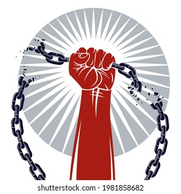 Strong hand clenched fist fighting for freedom against chain slavery theme illustration, vector logo or tattoo, getting free, struggle for liberty.