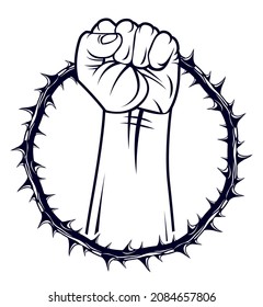 Strong hand clenched fist fighting for freedom against blackthorn thorn slavery theme illustration, vector logo or tattoo, through the thorns to the stars concept.