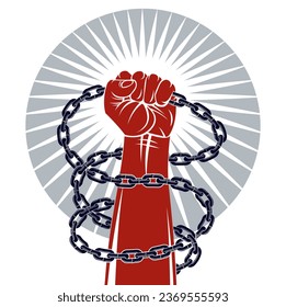 Strong hand clenched fist fighting for freedom against chain slavery theme illustration, vector logo or tattoo, getting free, struggle for liberty.