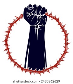 Strong hand clenched fist fighting for freedom against blackthorn thorn slavery theme illustration, vector logo or tattoo, through the thorns to the stars concept.