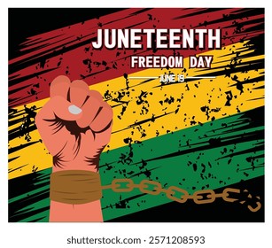 Strong hand depicting Juneteenth Freedom Day celebration with raised arms and broken chains on a dynamic background displaying liberation and empowerment. Flat vector modern illustration