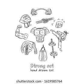 Strong hand drawn doodle set. Vector illustration. Isolated elements on white background. Symbol collection.