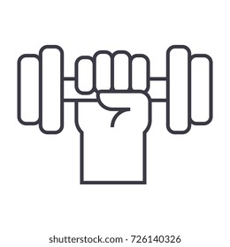 strong hand with dumbbell vector line icon, sign, illustration on background, editable strokes