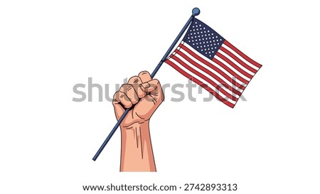 Strong hand firmly grasping a small American flag on a pole shown in a detailed vector illustration on white background.