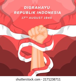 strong hand fist holding indonesian flag and flag wrapped around hand. indonesia independence day design vector illustration