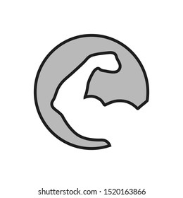Strong hand graphic icon. Brawny hand sign in the circle  isolated on white background. Bodybuilding and fitness symbol. Logo. Vector illustration
