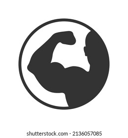 Strong hand graphic icon. Brawny arm sign in the circle  isolated on white background. Bodybuilding and fitness symbol. Logo. Vector illustration