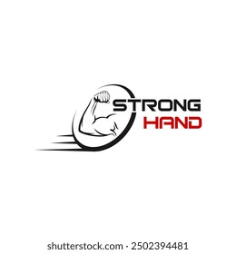 Strong hand graphic icon. Brawny hand sign in circle isolated on white background. Bodybuilding and fitness symbol.