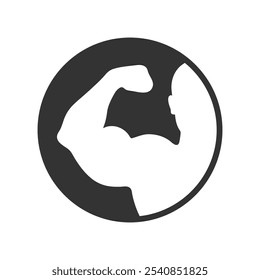 Strong hand graphic icon. Brawny arm sign in a circle  isolated on white background. Bodybuilding and fitness symbol. Vector illustration