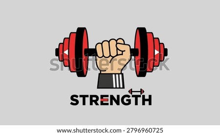 Strong hand gripping a heavy red barbell above the word strength, illustrating fitness, power, and determination.