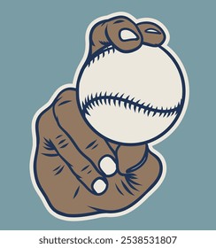 A strong hand holding a baseball ball tearing through the background. Sports graphic