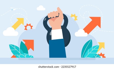 Strong hand holding big heavy kettlebell. Weight. Black dumbbell.  Strength, power and success concept. Equipment for sports and bodybuilding. Important decisions in business. Vector illustration