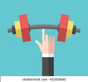 Strong hand holding big heavy dumbbell with index finger. Strength, power and success concept. EPS 8 vector illustration, no transparency