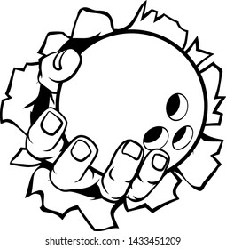 A strong hand holding a bowling ball tearing through the background. Sports graphic